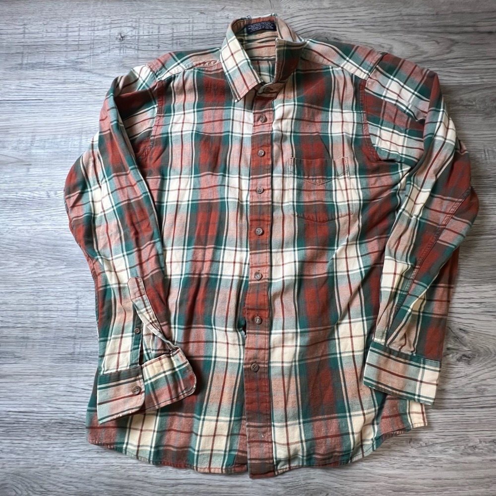 Vintage Plaid Flannel Shirt Mens L Orange Green‎ Cotton Thrashed Distressed K96